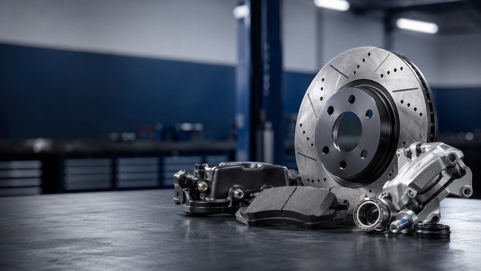 Brake discs, pads, and calipers on a workshop bench