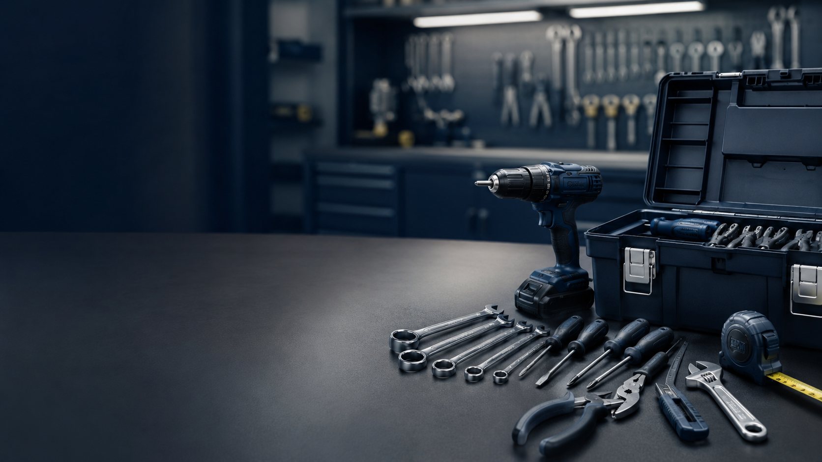 Workshop tools laid out on a bench